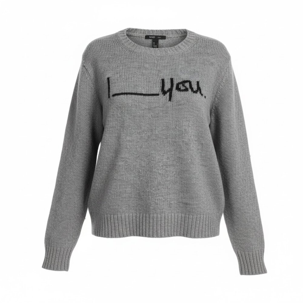 MNG Mango Suit | Grey "I Love You" Graphic Knit Crewneck Sweater Size Medium